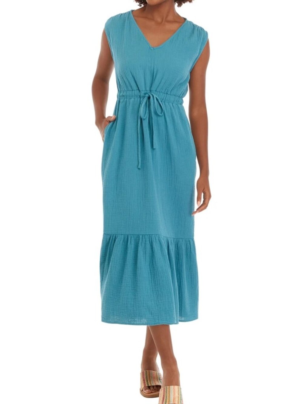 NWT Wonderly Gauze Maxi Dress Sz M Sleeveless Blue Coastal Boho Cottagecore
